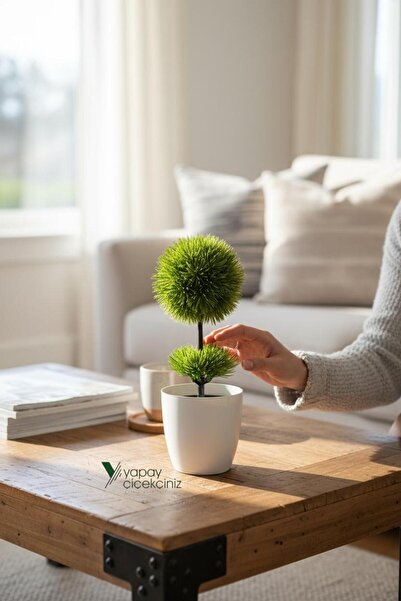 YAPAY ÇİÇEKÇİNİZ Beyaz Saksı 25 cm Yapay Top Şimşir