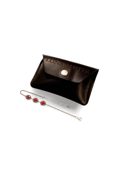 LUNA LUSTER Genuine Leather Men's Black Minimal Card Holder Silver Women's Red Drop Bracelet