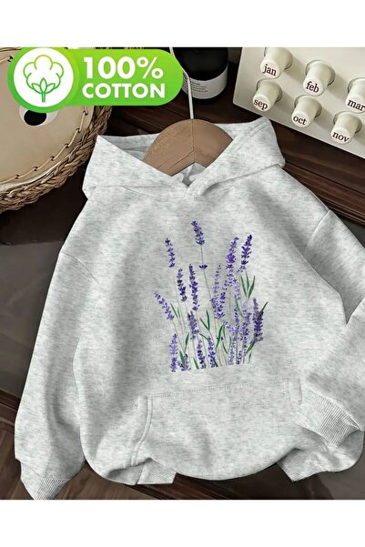 herkesemoda Hooded Sweatshirt with Purple Floral Print Detail Gray