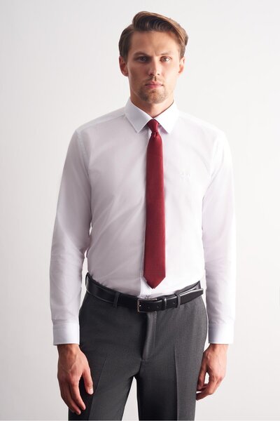 İmza Λευκό κλασικό πουκάμισο με μακρύ μανίκι χωρίς τσέπες εφαρμοστό βασικό βαμβακερό πουκάμισο 1004255057