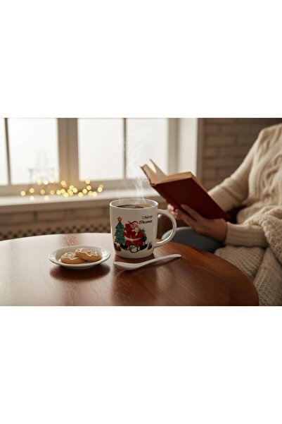 BaoBao Ceramic Christmas Mug Set with Saucer and Spoon, Classic Santa Claus Design, 300 ml