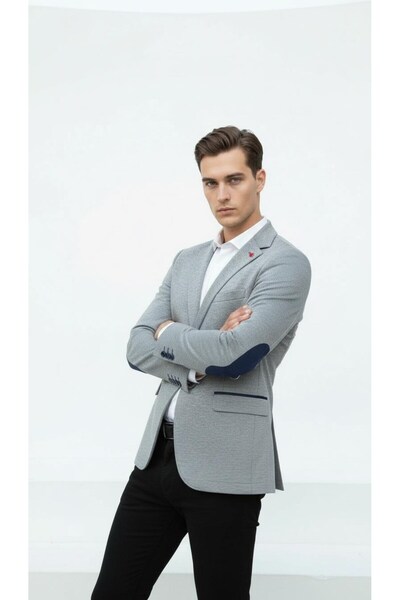 Plus Scorpion Plusscorpion Gray Men's Italian Cut Blazer Jacket – Navy Blue Detail, Sleeve Patch, S Slim Fit Stylish Tasa