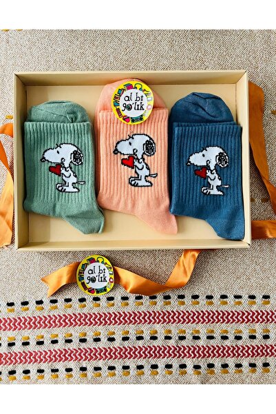 AL Bİ 90LIK 3-Pack of Snoopy Cartoon Patterned Fun College Socks