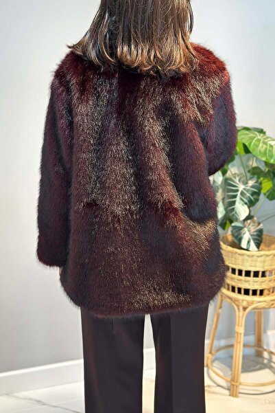 Lale Butik Belt Detail Fur Short Jacket 6186 Burgundy