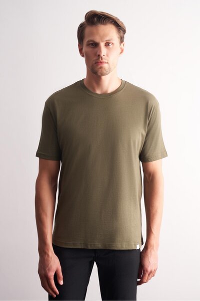 İmza Βασικό μπλουζάκι από βαμβάκι με κοντό μανίκι χακί εφαρμοστό 1011255106