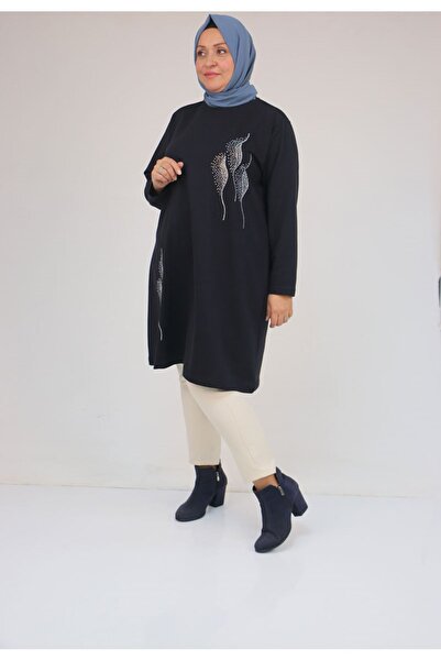 Eslina 58167 Plus Size Modal Tunic with Stone Print Detail - Navy Blue