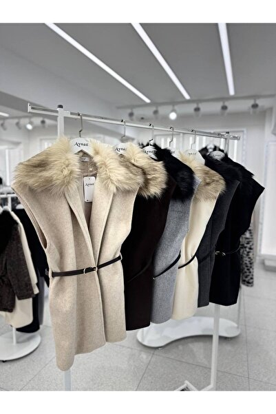 Moda Çiğdem Women's Collar Fur Cashmere Vest Short