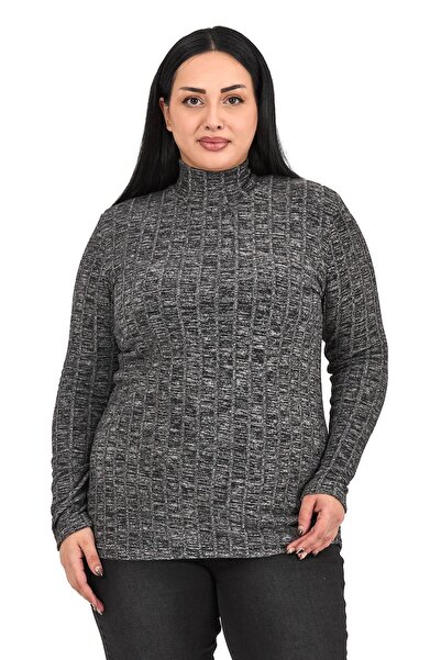 DISENTIS MODEST Plus Size Half Fisherman Long Sleeve Knitwear Striped Black Bodysuit