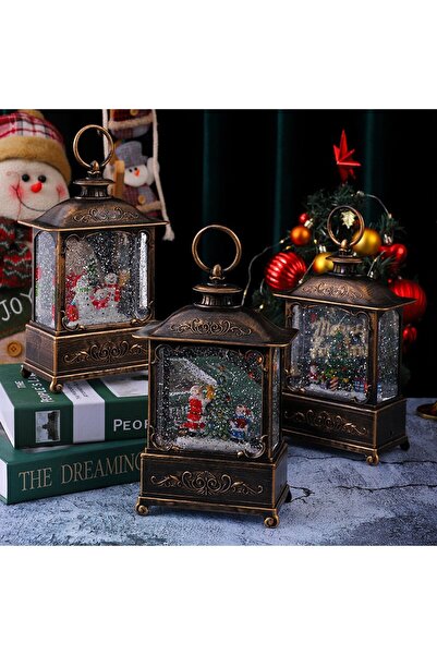Flippy Christmas Lantern Decoration - Santa & Boy, 3 Modes, Musical, Moving Snow, USB/Battery, Vintage Blac