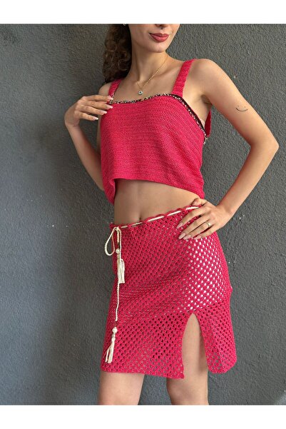 Gönülden Tasarım Hand Knitted Pink Skirt Bustier Set