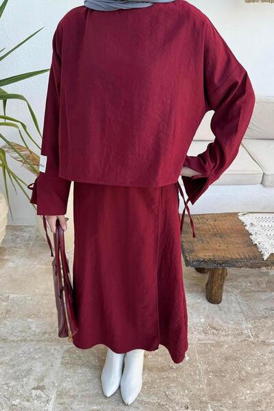 lamelif Suit with Tie-Up Skirt Detail Burgundy