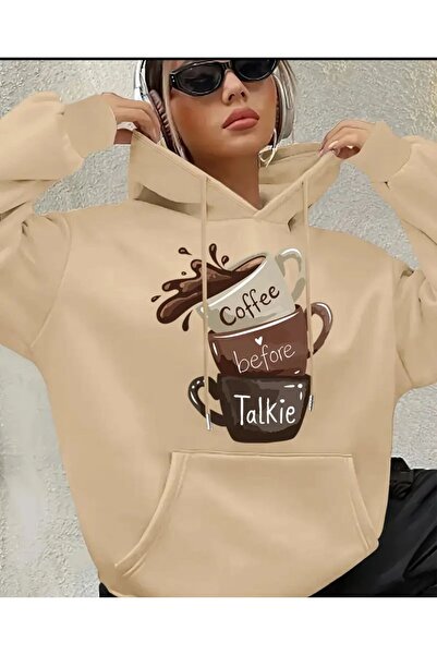 herkesemoda Coffe Print Detailed Hooded Sweatshirt Beige