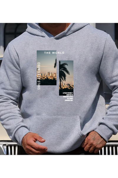 herkesemoda The World Print Detailed Hooded Sweatshirt Gray