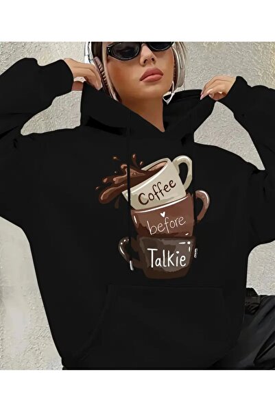 herkesemoda Μπλουζάκι με κουκούλα με λεπτομέρεια εκτύπωσης καφέ μαύρο