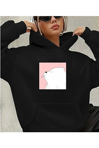 herkesemoda Μαύρο φούτερ με κουκούλα με χαριτωμένη λεπτομέρεια εκτύπωσης Panda