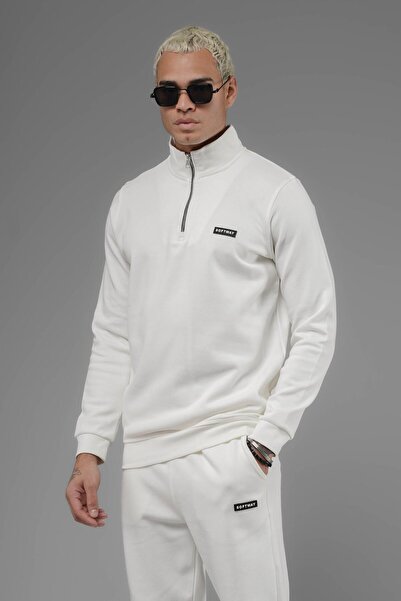 SOFTWAY Φούτερ Unisex Regular Fit ψηλός λαιμός με μισό φερμουάρ Interlock Pique - Λευκό