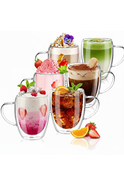 Salestore.ro Coffee and Tea Cup Set, 6 Double Walled Mugs Durable borosilicate glass, 350 ml, transparent cups