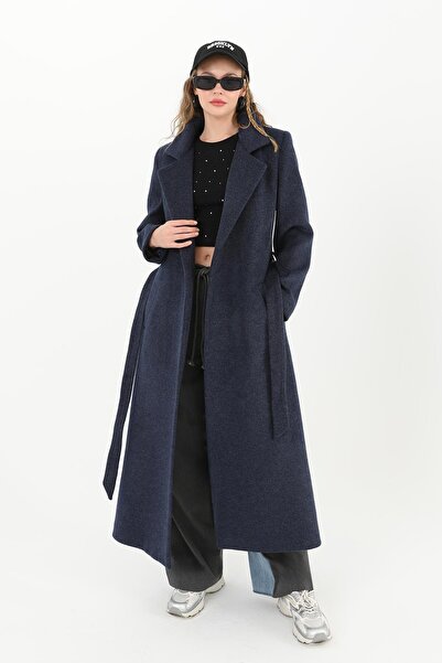 Puane Women's Double-Breasted Collar Belted Coat - 15170Kbn - Navy