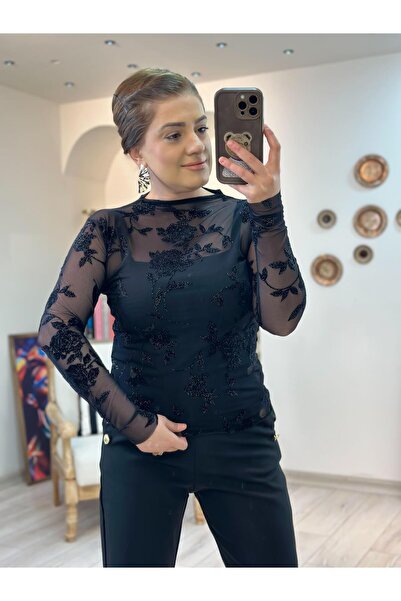 MELTEM TUĞAN Çiçek Detaylı Transparan Bluz SİYAH