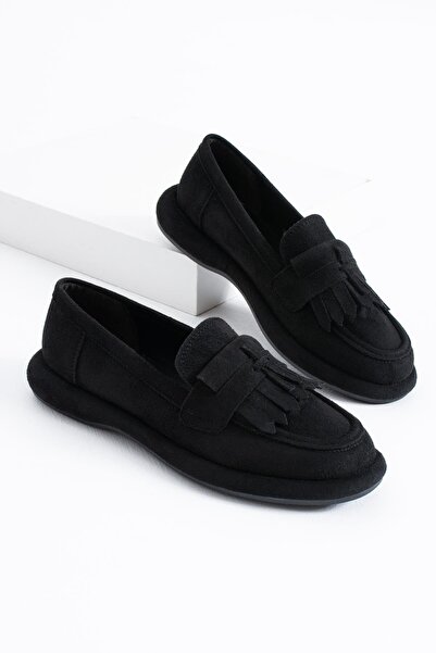 Moda Pie Mobset Sargı Taban Pantofi de damă cu ciucuri din piele intoarsa neagra