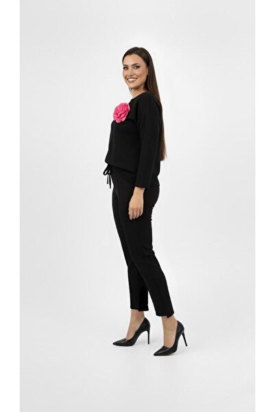 Koza Butik Women's Plus Size Three Quarter Sleeve Floral Detailed Two Thread Tracksuit Set 8224-26