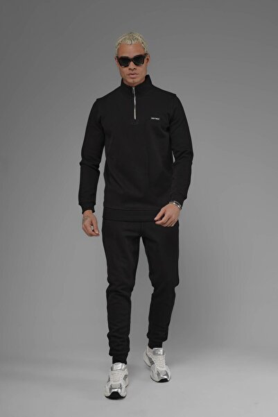 SOFTWAY Unisex Regular Fit Mock Neck Half Zip Interlock Pique Sweatshirt - Black