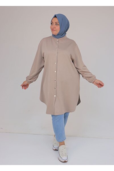 Eslina 58169 Plus Size Judge Collar Snap Fastener Modal Tunic - Beige