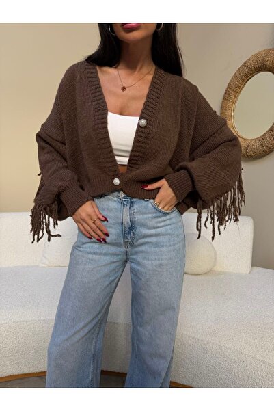 MODAMERSİ Women's Brown Front Buttoned Tassel Detailed Knitwear Cardigan