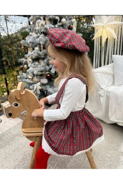 Yalçınoğlu Kids Girl's New Year/Christmas Concept 3-Piece Plaid Set: Suspender Skirt, White Blouse and Beret Set