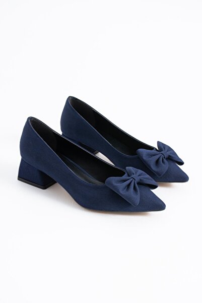 Moda Pie Floret Bow Low Heel Women's Shoes Navy Blue Satin