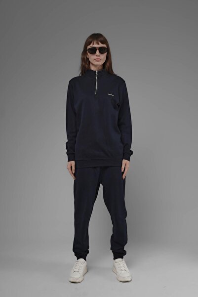 SOFTWAY Φούτερ Unisex Regular Fit ψηλός λαιμός με μισό φερμουάρ Interlock Pique - Navy Blue