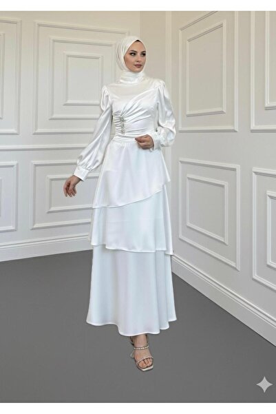 STİLZERAFET Yandan Stone Layered Satin Evening Dress