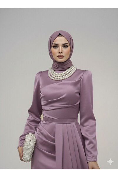 STİLZERAFET Women's Side Cape Pearl Necklace Evening Dress