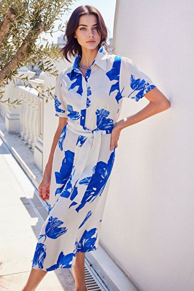 Hiccup Bdart Floral Print Midi Dress with Belt and Shirt Collar