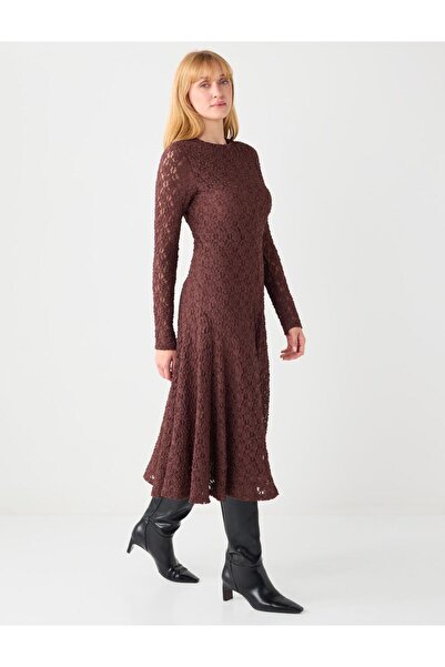 Jimmy Key Acı Kahve Dar Kesim Yuvarlak Yaka Dantelli Uzun Elbise