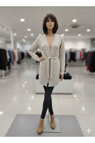 HeviStor Women's Cardigan, Long, Above the Knee, with Pockets, Belt Detail, Knitwear