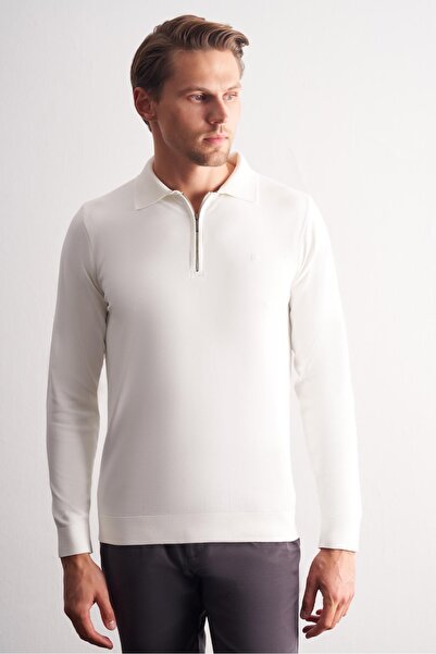 İmza Ecru Long Sleeve Zippered Collar Without Pockets Slim Fit Knitwear 1012255150