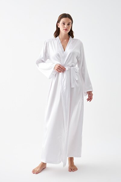 Akbeniz Women's Long White Satin Dressing Gown