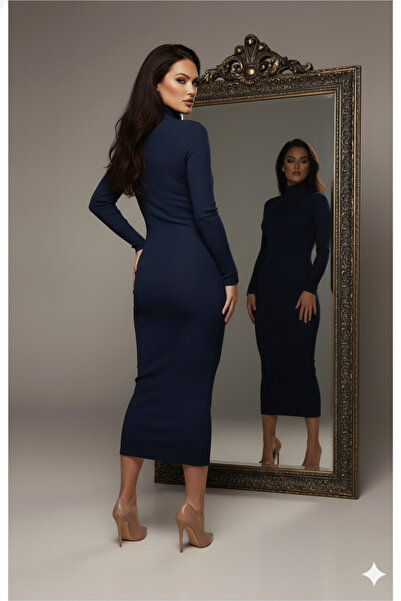 MaxiMor Rochie de damă bleumarin tricotaj cu striații material reiat țesătură guler ridicat model creion lungime 135 cm1