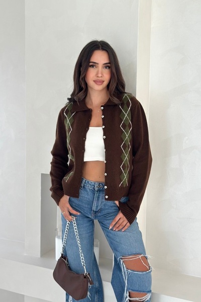 Noi Belis Baklava Patterned Polo Neck Knitwear Cardigan Aw25Hi0056