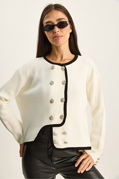 Bianco Lucci Women's Gold Button Detailed Asymmetrical Cut Knitwear Cardigan 60285004