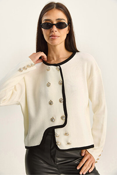 Bianco Lucci Women's Gold Button Detailed Asymmetrical Cut Knitwear Cardigan 60285004