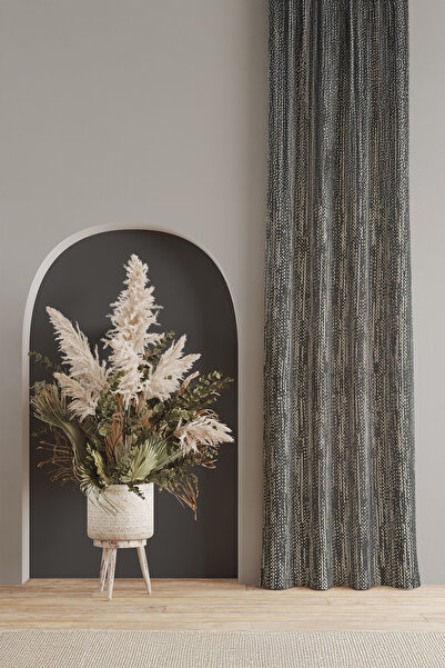 ASDİVA Jacquard Woven Drawstring Extrafoam Single Panel Non-Pleated Sequin Detailed Salmon Gray Background Curtain