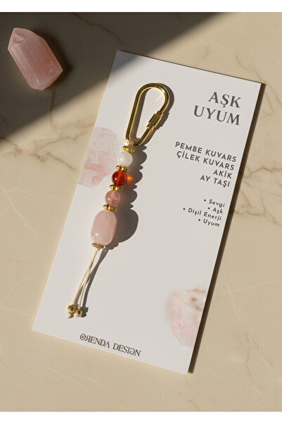 Orenda Design Aşk ve Uyum Doğal Taş Anahtarlık / Pembe Kuvars – Çilek Kuvars – Akik - Ay Taşı