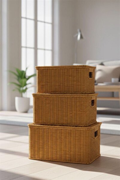 Bayev Favorite 9108 3-Piece Rattan Decorative Basket Set with Lids - 3 Sizes Wicker Organizer Decor Box Basket