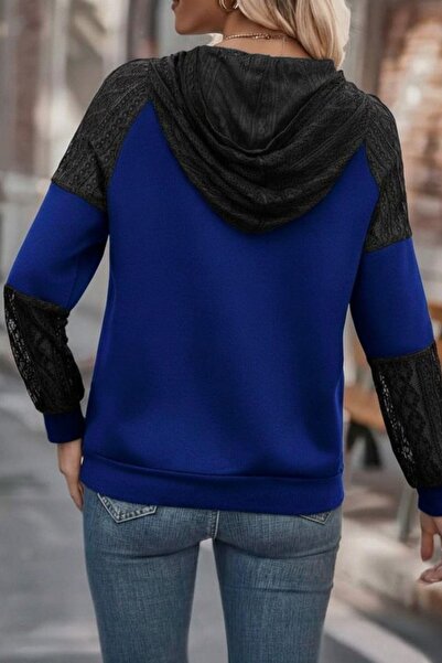 Mossta Hooded Viscose Two Thread Blouse with Lace Detail - Navy Blue