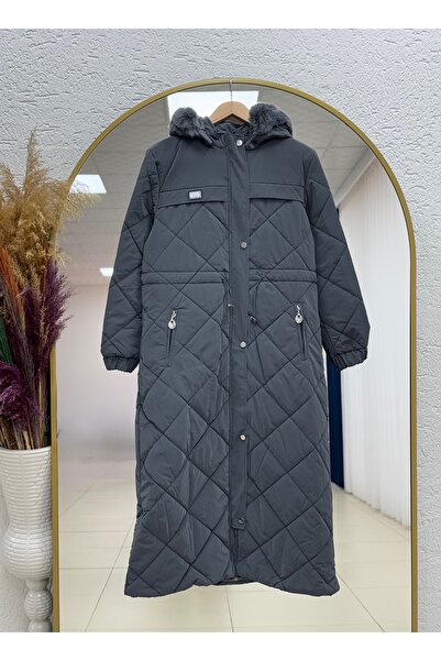 BENAHOLL Belola Hooded Fur Lined Waist-Tightening Hidden Zipper Quilted Coat-En2024 Anthracite