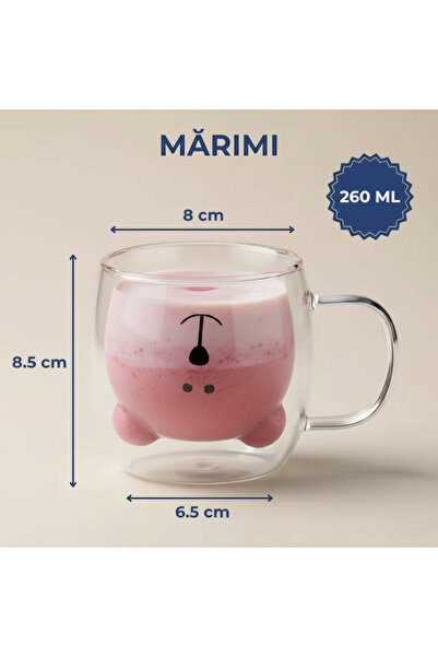 Salestore.ro Cană termorezistentă, sticlă cu pereți dubli 260 ml, formă de ursuleț, pentru băuturi calde/reci, transparentă