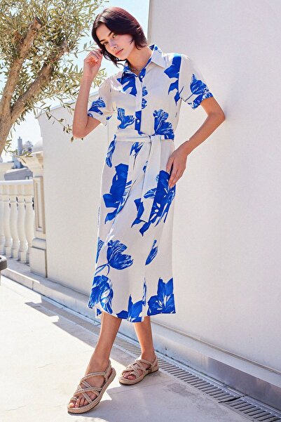 Hiccup Bdart Floral Print Midi Dress with Belt and Shirt Collar