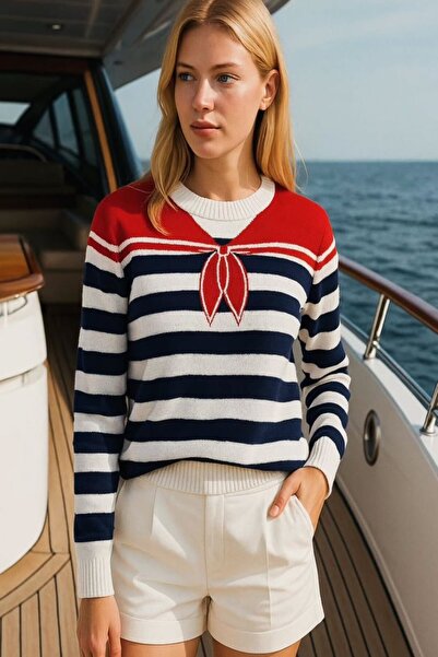 Sibel Günay Butik Pulover tricotat cu dungi pentru femei | Dungi albastru înc...